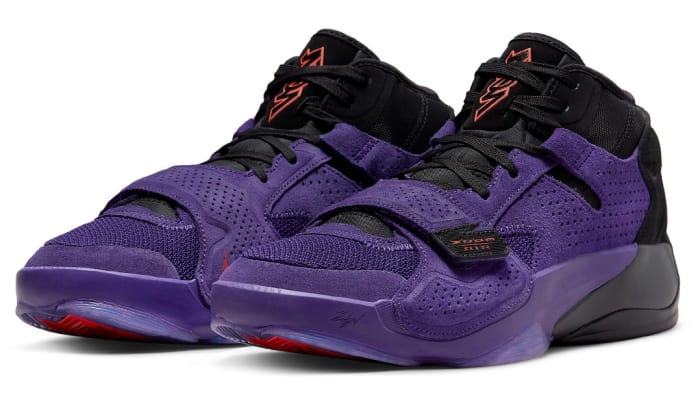 Purple and black Jordan Zion 2 shoes.